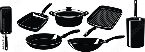 Cookware collection with frying pans and pot, black silhouette kitchen utensils vector illustration isolated on white background for cooking design