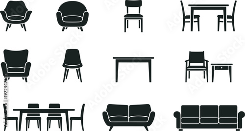 Modern furniture silhouette collection, including chairs tables and sofas isolated on white background for interior design projects