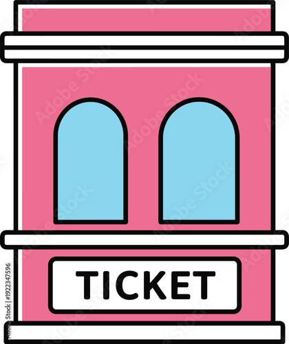 Colorful ticket booth kiosk building icon cinema entry counter window flat vector illustration isolated entertainment service symbol design