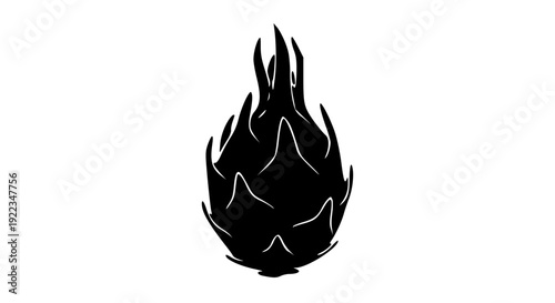 Stylized black silhouette of a fiery magical flame in a minimalist design
