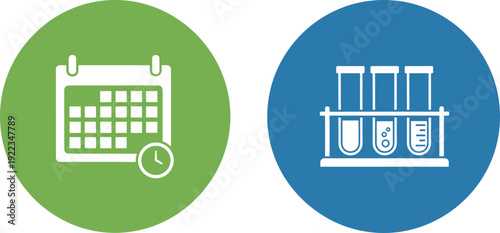 Calendar schedule reminder and laboratory test tube science icon set time planning and research experiment flat vector illustration collection