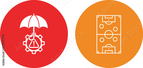 Insurance protection umbrella with warning gear and soccer field strategy icon set safety management and sports tactics flat vector illustration