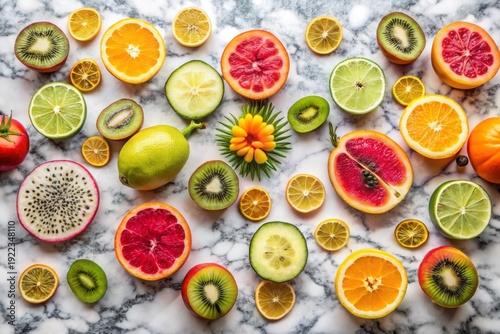 sliced tropical fruits on marble background