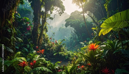 Wallpaper Mural Lush, vibrant tropical rainforest scene bathed in ethereal sun rays filtering through the dense canopy. Torontodigital.ca