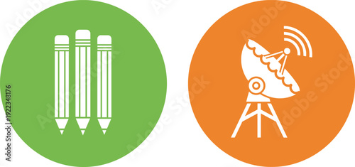 Pencil stationery and satellite dish communication icon set education drawing and wireless signal technology flat vector illustration collection