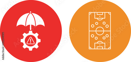 Insurance protection gear warning and soccer field strategy icon set safety management and sports plan flat vector illustration collection