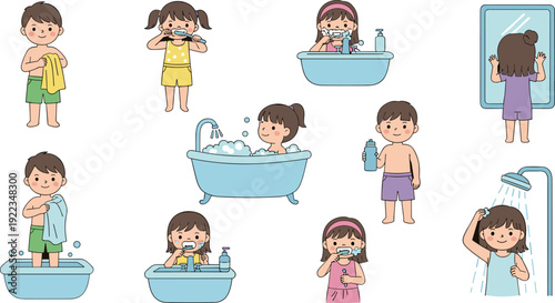 Cute children characters practicing personal hygiene including bathing brushing teeth washing face and taking shower flat vector illustration set