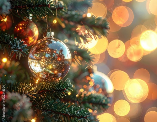 Wallpaper Mural Close-up of shimmering Christmas ornaments reflecting warm bokeh lights on evergreen branches. Torontodigital.ca