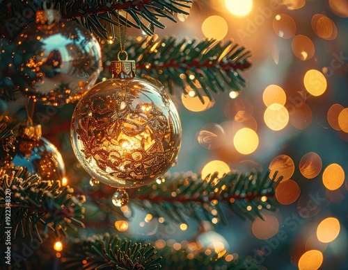 Wallpaper Mural Close-up of a sparkling golden Christmas ornament hanging on a festive pine branch. Torontodigital.ca