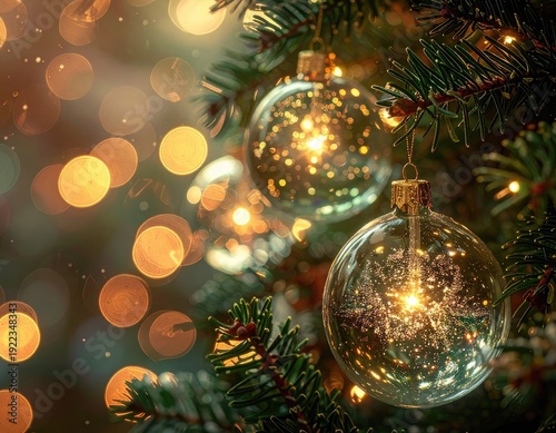 Wallpaper Mural A close-up of clear glass Christmas ornaments hanging on a festive fir tree amidst warm, glowing bokeh lights. Torontodigital.ca