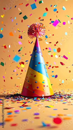 Wallpaper Mural Vibrant celebration scene featuring a colorful cone party hat surrounded by falling and scattered confetti against a warm, solid background. Torontodigital.ca