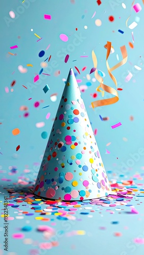 Wallpaper Mural Festive light blue party hat surrounded by colorful confetti and streamers against a bright blue background. Torontodigital.ca