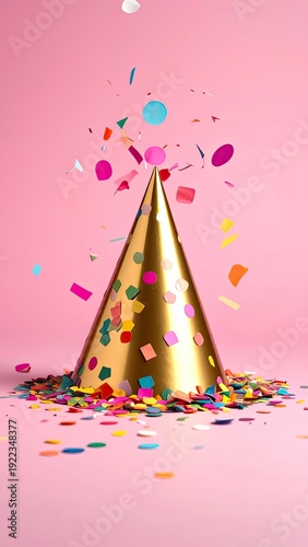Wallpaper Mural A golden party hat sits amidst a shower of colorful confetti on a pink background Torontodigital.ca
