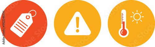 Price tag warning alert and temperature thermometer icon set heat caution symbols colorful flat vector illustration isolated collection