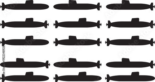 Submarine silhouette collection, military naval underwater vessel icons isolated on white background for defense design