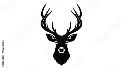 A black silhouette of a deer's head with antlers isolated on white background, Vector