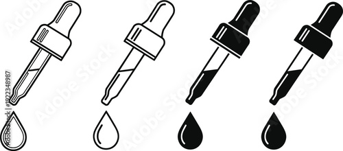 Dropper pipette icon set, black and white medical glass dropper with liquid drops vector illustration isolated on white background for pharmacy design