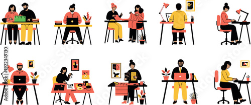Set of people working in modern office workspace including freelancers using laptops sewing and creative professionals at desks flat vector illustration