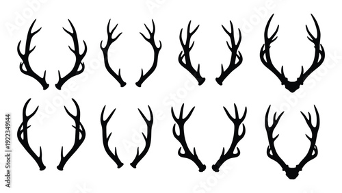 A collection of deer antler silhouettes on a white background isolated on white background, Vector