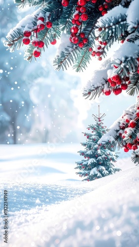 Wallpaper Mural Snowy Evergreen Branches with Bright Red Berries Overlooking a Winter Landscape Torontodigital.ca