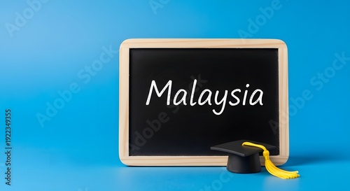 Graduation Cap and Blackboard with Malaysia Text on Blue Background, Education Concept, Close-up View, ep2 Reference