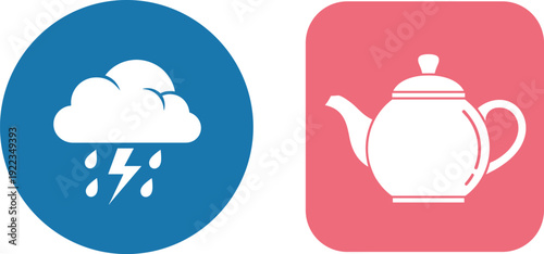 Weather storm cloud with lightning and teapot kitchen icon set flat silhouette symbols inside rounded shapes vector illustration