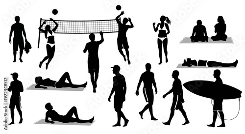 Diverse people playing beach volleyball and relaxing summer activities silhouette
