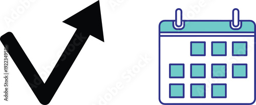 Growth arrow and calendar icon set business progress chart symbol with schedule planner flat vector illustration isolated design collection