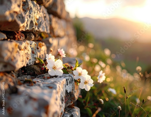 Wallpaper Mural Delicate white blossoms emerge from a sunlit, rustic stone wall during golden hour. Torontodigital.ca