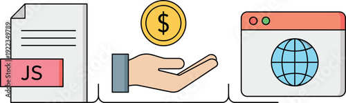 Javascript file payment hand with dollar coin and web browser icon set online business technology flat vector illustration collection