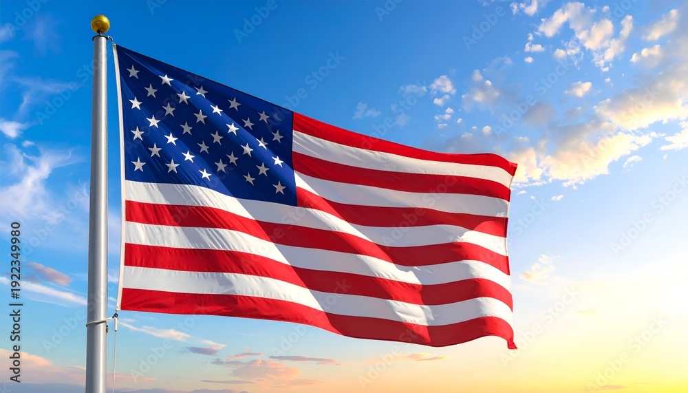Obraz premium A vibrant American flag flutters against a picturesque sky filled with light clouds