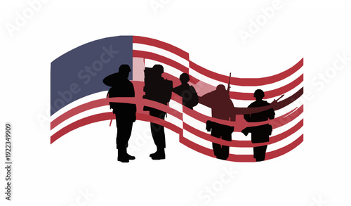 Honoring veterans vector art with soldier silhouettes intertwined with American flag patriotic illustration