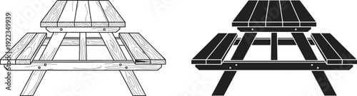 Wooden picnic table vector illustration with outline and solid silhouette versions, outdoor furniture design isolated on white background