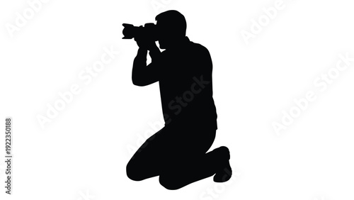 A man kneeling down taking a picture with a camera isolated on white background, Vector