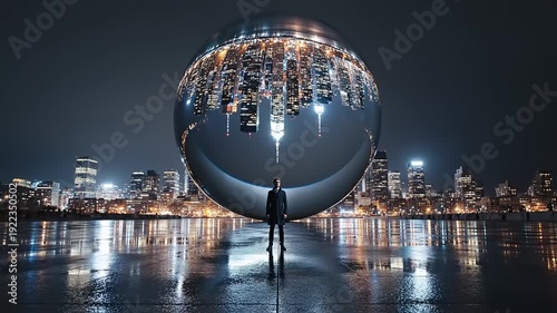 Man Standing Near Large Metallic Sphere at Night.