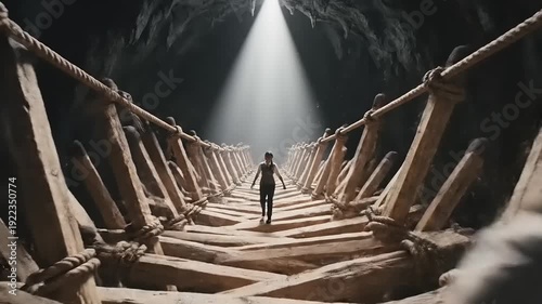 Man Walking on Suspension Bridge in Cave.