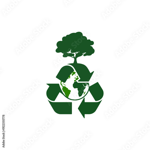 A green tree growing from the earth within a global recycling symbol illustrating sustainability
