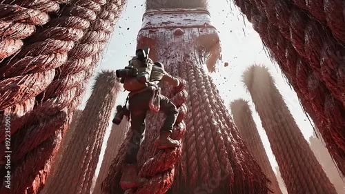 Man Walking Through Red Curtain Hanging Fabric.