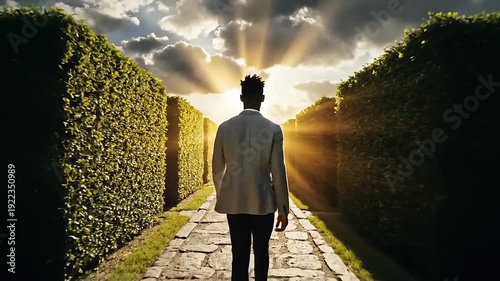 Man Walking Down Pathway Towards Bright Light.