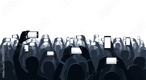 Crowd raising hands with blank signs at event protest or seminar in black and white