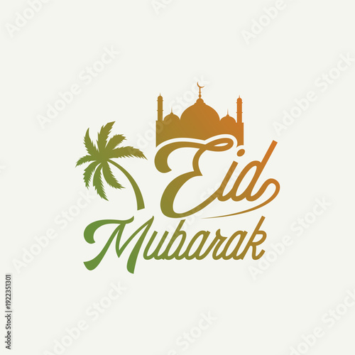 Wallpaper Mural Vibrant Eid Mubarak Greeting with Mosque and Palm Tree in Green-Orange Gradient Torontodigital.ca