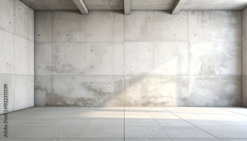 A spacious, minimalistic interior featuring smooth, gray concrete walls and floor surfaces