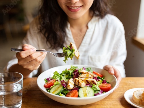 A woman is eating a salad with a fork