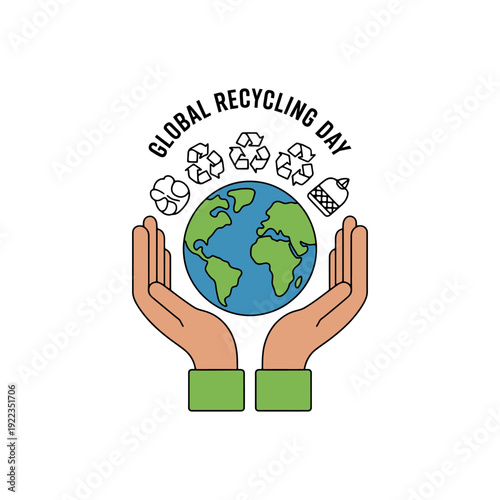 Hands cradling the earth with recycling symbols above promoting global recycling day awareness high quality