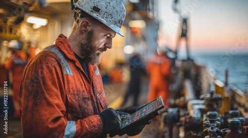 Offshore worker using tablet at sunset