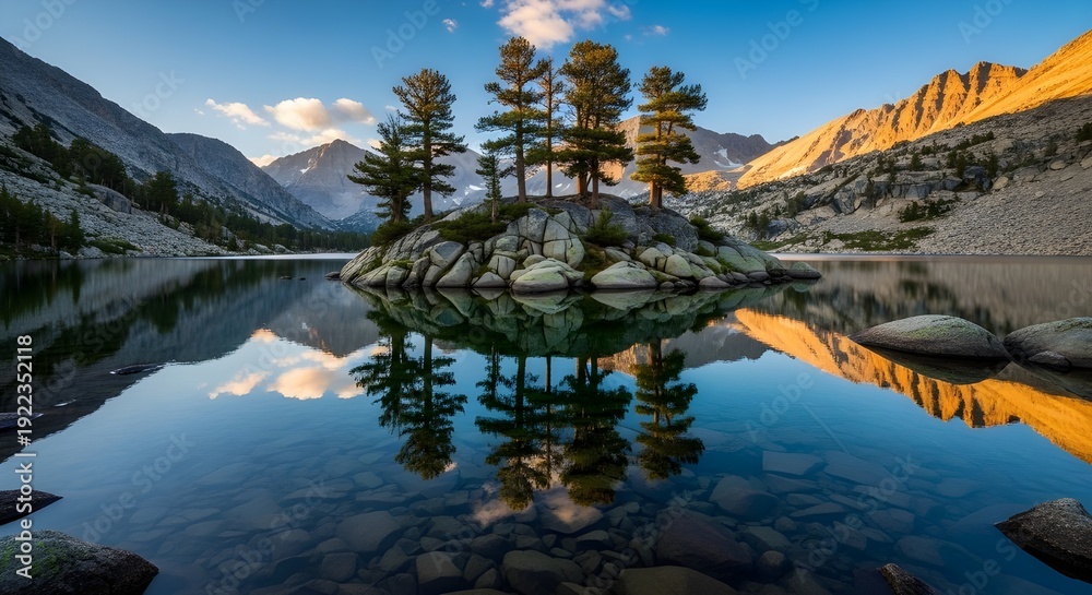 Obraz premium Tranquil mountain lake with island trees and reflections at sunrise