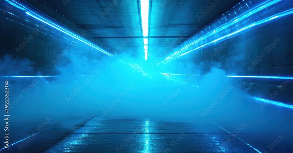 Fototapeta premium Futuristic tunnel, bright blue lighting, smoke fills space. Dramatic perspective creates depth, modern design elements visible.