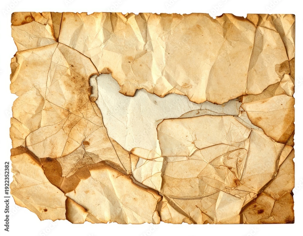 Fototapeta premium A highly detailed texture image of severely aged, crumpled, stained, and partially burned parchment paper.