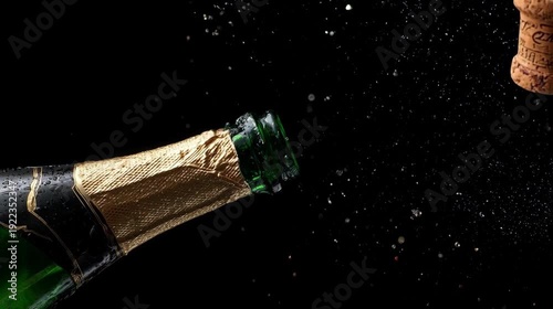 A Champagne bottle popping with spray. The black background gives contrast to the bottle 
