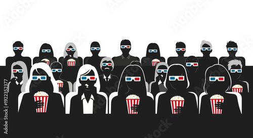 Team of anonymous professionals in 3D pop art style with red glasses and popcorn buckets